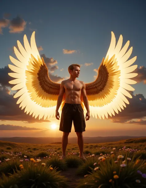 Pony2Flux - 003, a highly detailed and surreal CGI artwork depicting a muscular, shirtless young man standing in a field at sunset. The man has a light skin tone, short blonde hair, and a defined, chiseled physique with visible abs and pecs. He stands conf...