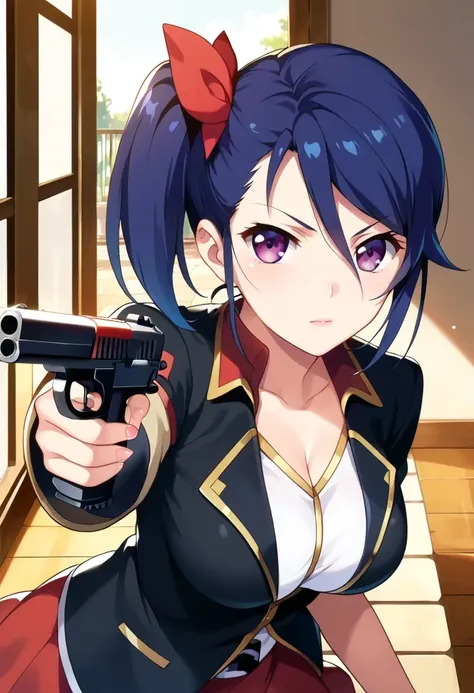 score_9, score_8_up, score_7_up, score_6_up,
masterpiece,

1girl, solo,

Hyouko Yundou, purple eyes, blue hair, side ponytail, short hair, hair ribbon,

holding gun, pointing at viewer