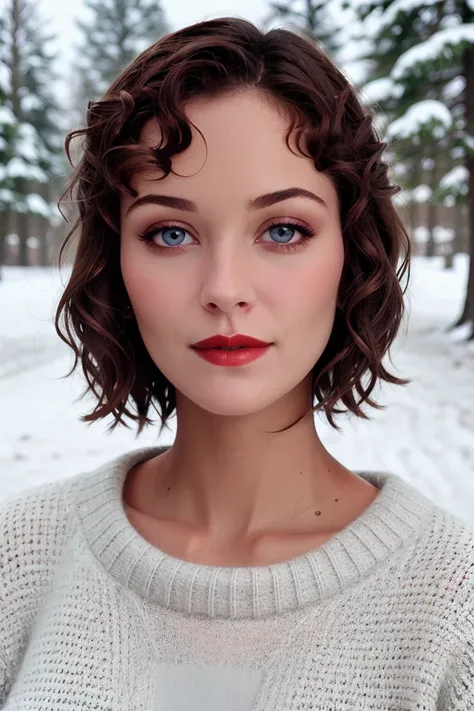 <lora:elle:0.6>, elle , a photo of a woman, short hair, sweater, outdoors, snow, trees, red lipstick, blush, ((detailed eyes, detailed face):1.2)