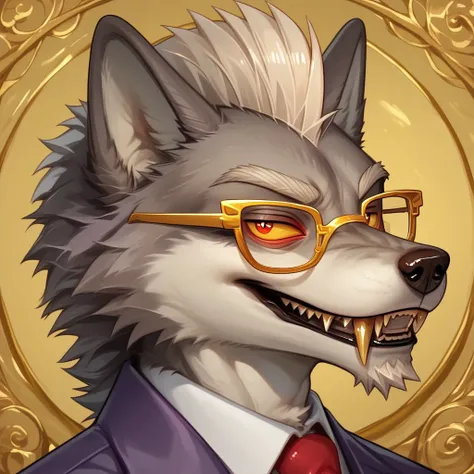 score_9, score_8_up, score_7_up, score_6_up, score_5_up, score_4_up, source_furry
((solo, anthro, 1boy)), light grey fur, white mohawk, sharp fangs, wolf, long white goatee, red iris, yellow sclera, white bushy eyebrows, VonKaramel, gold trimmed glasses, p...