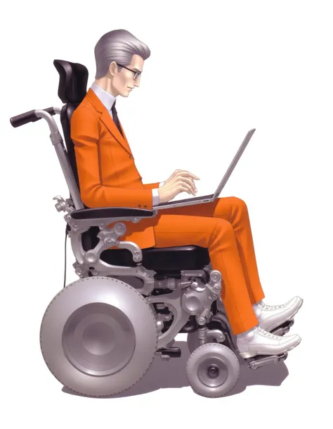 kazuma kaneko, The image is a digital drawing in a realistic, semi-anime style. It depicts a person sitting in a futuristic wheelchair. The individual is a slender, middle-aged man with short, silver hair and glasses, giving him a scholarly or professional...