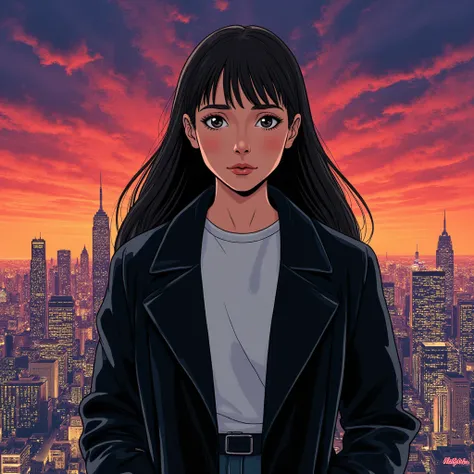 ((retro 90s anime style illustration)) drawing of a closeup on face of woman wearing a long black trench-coat futuristic city in...