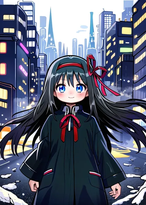 akemi homura, smile, abstract, broken glass, futuristic city, city background, black coat, 1girl,   <lora:156charsKiraiGNAIupdate:1>