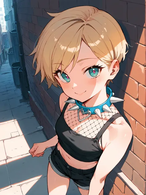 score_8_up, score_7_up, score_6_up, source_anime, 1girl, solo, city, alleyway, against wall, close-up, from above
smile, 
spiked collar,
black crop top, black shorts 
fishnets <lora:spikedcollar:1>