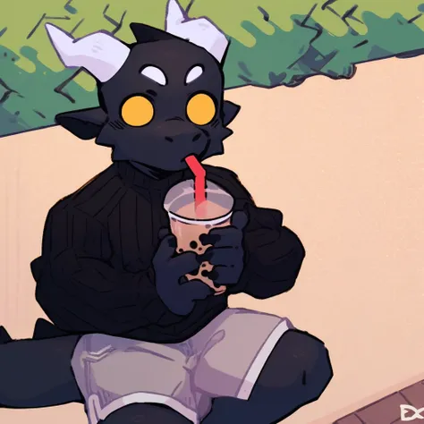 score_9_up, score_8_up, score_7_up, source_furry, mikus-style, black dragon, black body, white horns, yellow eyes, park, holding, bubble tea, black sweater, gray shorts, 1boy, solo