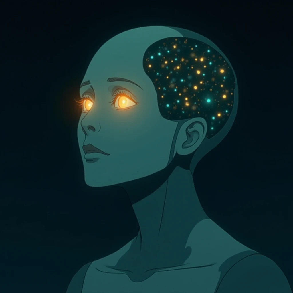 Anime screencap featuring a Minimalist and abstract side profile of a robot woman with a universe sprouting from her mind as she opens her eyes and attains consciousness for the first time in the dark. She has beautiful and intelligent bright orange eyes b...