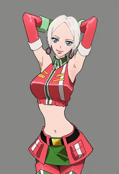 score_7_up, score_8_up, score_9, masterpiece, high quality, perfect hands,
InnesLorenz, anime style, solo, female, 1girl, white hair, short hair, red hoop earrings, 
red sports bra, bare shoulders, red sleeves, green gloves, midriff, red skirt, red thigh b...