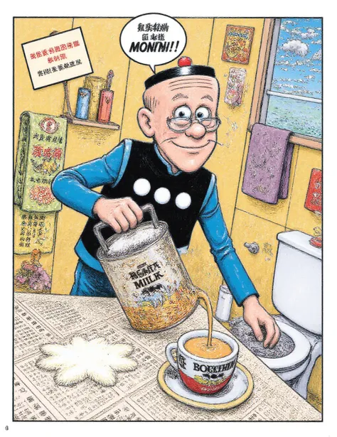  a hand-drawn comic-style illustration of an old man , old_master_hk, wearing glasses,black hat,humorously pouring hot milk tea into a ceramic cup in a bathroom. The scene captures him mid-action, with a focused expression as he carefully tilts the kettle....