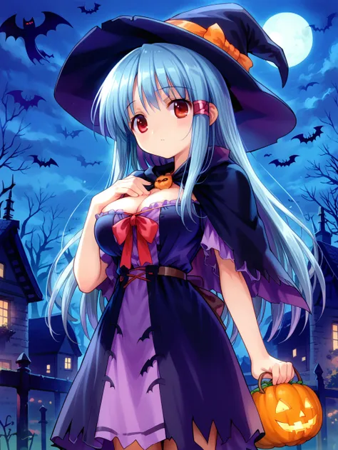 score_9, score_8_up, score_7_up,source_anime, <lora:style015:0.9>
1girl, solo, cowboy shot, outdoors, nayuki hiori, red eyes, light blue hair, long hair, large breasts, witch, halloween