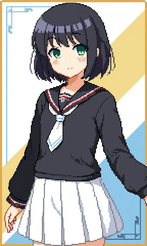 Pixel Art. retro style reminiscent of early 1990s video games, Young girl. She wears a traditional Japanese school uniform, consisting of a long-sleeved black shirt with white and red trim, a white blouse, a white necktie, and a pleated white skirt