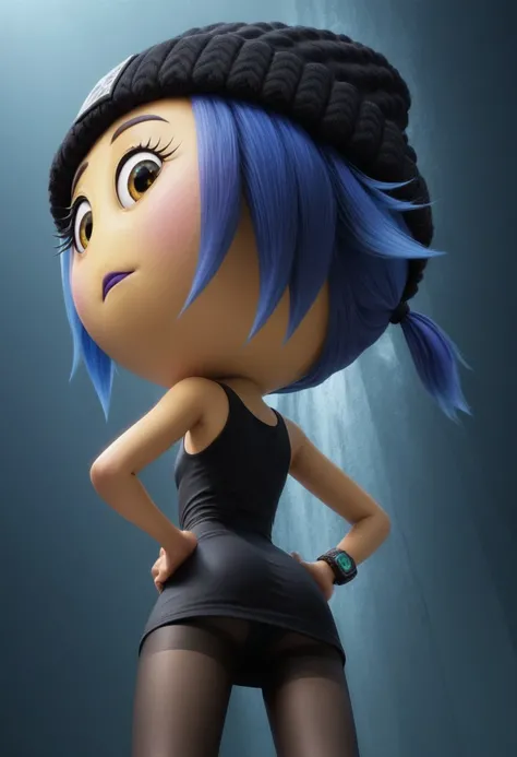 jailbreak, 1girl, yellow emoji, blue hair, ponytail, yellow sunshine eyes, pink cheeks, purple lipstick, round head, big head, chibi, no neck, black beanie with a skeleton on it, black code breaker watch with blue light, short black dress, black skinny tig...