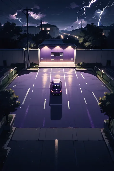 score_9, score_8_up, score_7_up, source_anime, rating_safe, night, natural lighting, lightning, parking lot focus, no humans, intricately detailed illustration, CandiPL, from above, negative space, purple theme