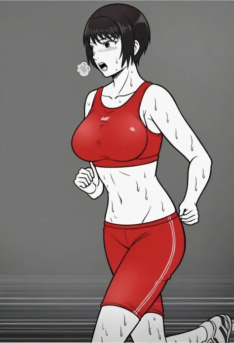 score_9, score_8_up, score_7_up, source_anime, official style, anime screencap, anime coloring, best quality,  fitness girl, white skin, short hair,large breasts, black hair, brown hair, black hair, 1girl, solo, dolphin shorts, sport bra,red sport bra, sho...