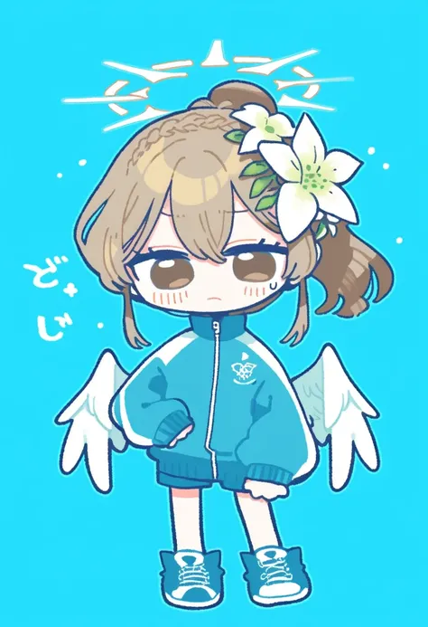 1girl, alternate hairstyle, angel wings, blue archive, blue background, brown eyes, brown hair, check commentary, commentary, commentary request, flower, frozen oyu, hair flower, hair ornament, halo, long hair, looking at viewer, nagisa  (blue archive), po...