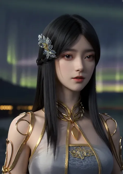 1girl,solo,long hair,black hair,hair ornament,hair flower,brown eyes,homu,dress,looking down,outdoors,((night)),((aurora)),riverbank,scenery,((glowing)),blurry,portrait,Highly detailed,(ultra-detailed),(best quality,masterpiece:1.5),<lora:liufei:0.65>,