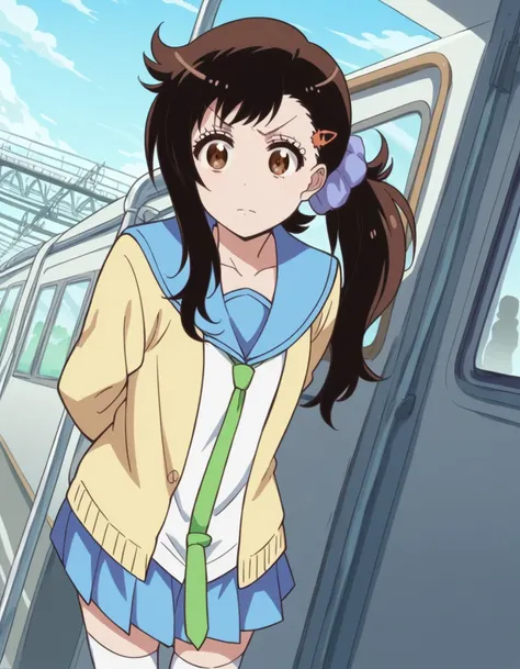 score_9, score_8_up, score_7_up, source_anime, <lora:haru-onodera-s2-ponyxl-lora-nochekaiser:1>, haru onodera, long hair, brown hair, black hair, hair ornament, brown eyes, hairclip, side ponytail, scrunchie,, cardigan, yellow cardigan, skirt, shirt, thigh...