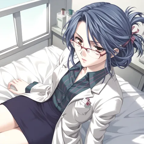 score_9, score_8_up, score_7_up, game_cg, 1girl, blue hair, infirmary, sitting on bed, medium hair, folded ponytail, glasses, lab coat,day, skirt, solo,<lora:Yukarigawa_Yumiya_2Crescendo_style:0.8>, from above