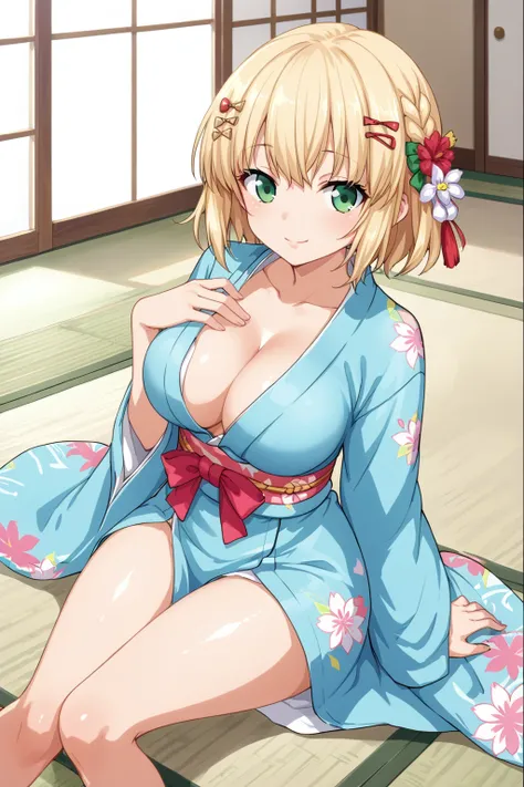 score_9, score_8_up, score_7_up, BREAK source_anime, masterpiece, anime screencap, shiny skin, 
1girl, solo, keiju, short hair, blonde hair, braid, hair ornament, green eyes, large breasts,, <lora:keiju_pony:0.7>
yukata, smile, sitting, wariza, tatami,