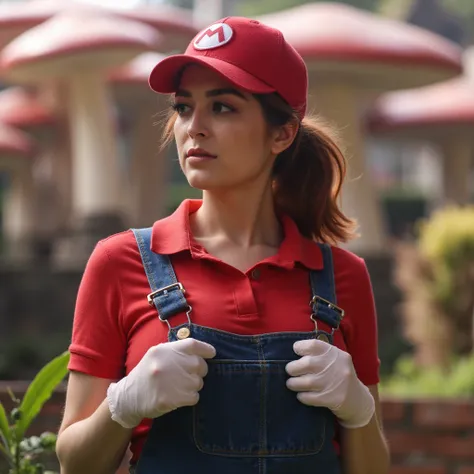 a cinematic closeup of a tessaf0wler woman with her auburn hair in a loose ponytail, wearing a mario hat, a red polo shirt, blue overalls, and white latex gloves, in a medieval kingdom with giant mushrooms towering above