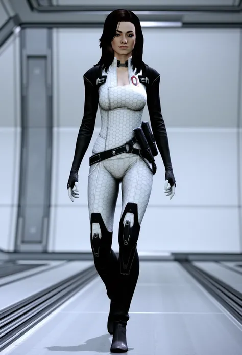 a high-resolution CGI rendering of miranda lawson walking in a futuristic, sterile environment. miranda has fair skin and long, dark brown hair that falls naturally around her shoulders. She is dressed in a form-fitting, white and black bodysuit that featu...