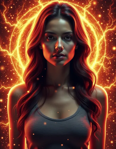 <lora:aura_v2_beta2:1>,auralora,the image features a woman with long hair. She has a determined expression on her face and is surrounded by a halo of bright light with intricate,colorful glow.,