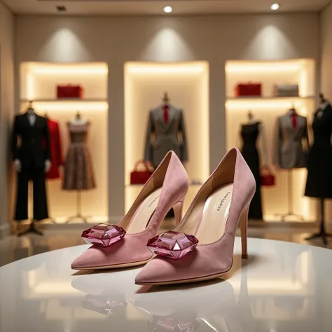 Create a stunning advertisement showcasing the pair of Gemstone_Pumps_Shoes on a reflective surface in a high-fashion boutique with a minimalist aesthetic. The background is an elegant, neutral palette, while soft lights from multiple angles highlight ever...