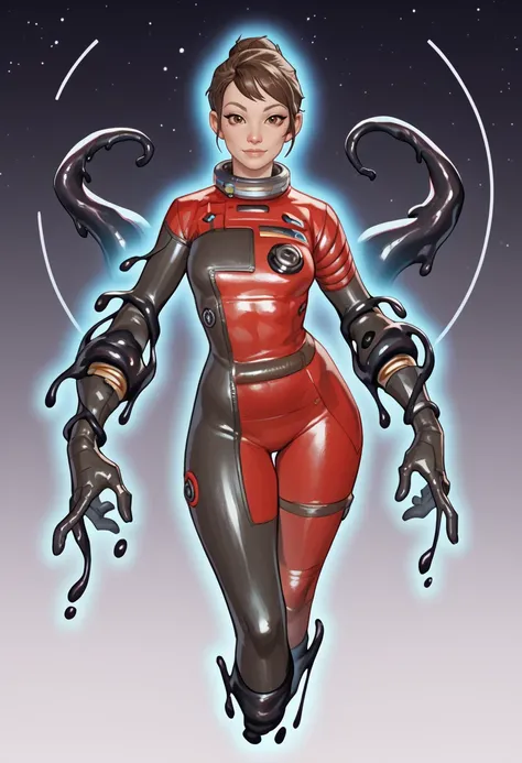 score_9,score_8_up,score_7_up,
morganxl,brown hair,brown eyes,hair bun,
light smile,looking at viewer,gloves,hips,skin tight,
black and red spacesuit,
space scraft, 
black goo,black tentacles,
<lora:morganYuXL-PY12b:0.9>,