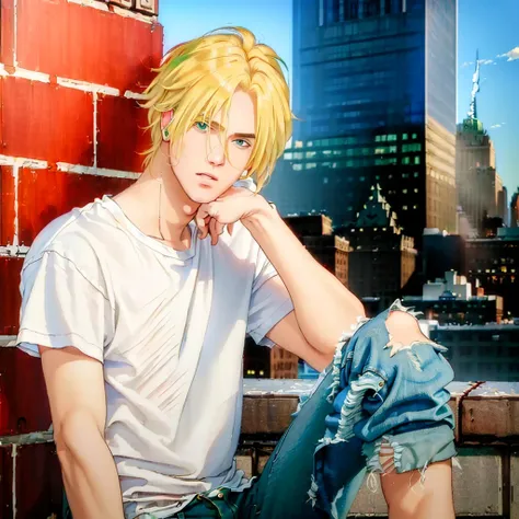 (best quality, high quality, masterpiece:1.3),, <lora:Ash:1>, Ash   in new york city at dawn, wearing a white shirt, ripped jeans and red high tops,. blond hair, green eyes  <lora:muscle_slider_v1:-1>