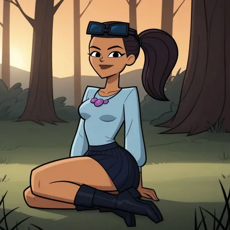 score_9, score_8, BREAK, solo, cyan long sleeves, 1girl, skirt, boots, dark brown hair, ponytail, eyewear on head, purple necklace, dark skin, black eyes, lips, breasts, total drama, Jen_(Total_Drama), tdtrr, sexy pose, smile, outdoors, sunlight, shadows, ...