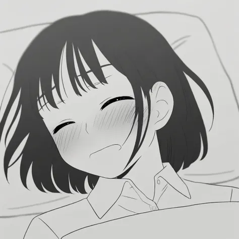 greyscale, collared shirt, pillow, open mouth, closed mouth, outline, portrait, simple background, blush, closed eyes, blurry background, bright pupils, bangs