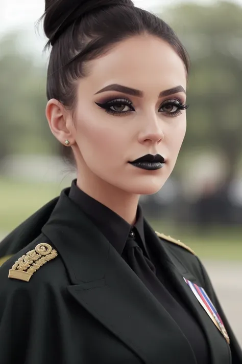 <lora:annapl-07:0.6>,annapl, a photo of a woman, outdoors, (black lipstick, heavy eyeliner, heavy eye shadow), cape, military uniform, military medals, ((hair in bun)), military parade, military procession