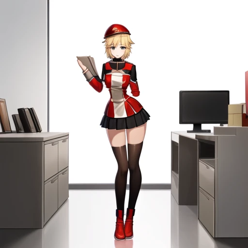 1girl, black tight highs, skirt, short blonde hair, red footwear, solo, hat, full body, sit on the chair, in the office