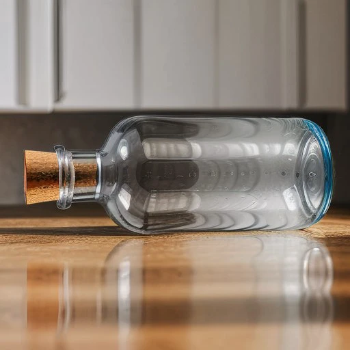 transparent lying down bottle on the table in a kitchen, <lora:EmptyGlassBottleConcept:0.9>