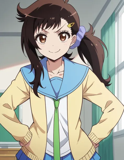 score_9, score_8_up, score_7_up, source_anime, <lora:haru-onodera-s2-ponyxl-lora-nochekaiser:1>, haru onodera, long hair, brown hair, black hair, hair ornament, brown eyes, hairclip, side ponytail, scrunchie,, cardigan, yellow cardigan, skirt, shirt, thigh...