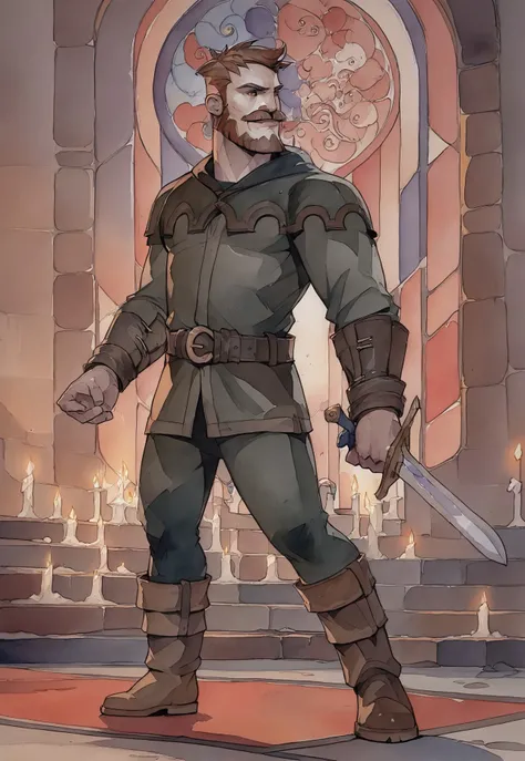 score_9, score_8_up, Persival, mustache, facial hair, brown eyes, cotehardie, full body, dynamic pose, holding a dagger, muscular, (tomb, candles), small stained glass, watercolor (medium), traditional media, looking ahead,, smirk, smile, belt, pants, boot...