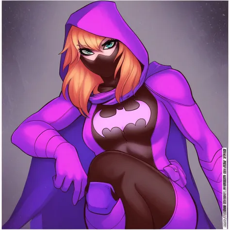 spoiler, hood up, mask on, bat symbol on chest, crouching, looking at viewer,