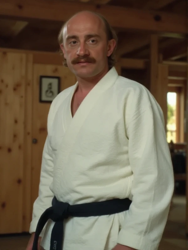 Jean-Claude DUSSE, he wears a judo kimono with a black belt in a dojo. He is ready to fight <lora:Jean-Claude_DUSSE:0.9>