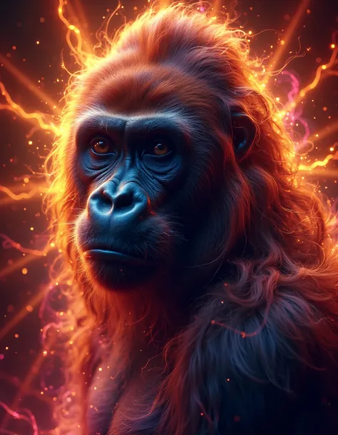 <lora:aura_v2_beta2:1>,auralora,the image features a gorilla with long hair. She has a determined expression on her face and is surrounded by a halo of bright light with intricate,colorful glow.,