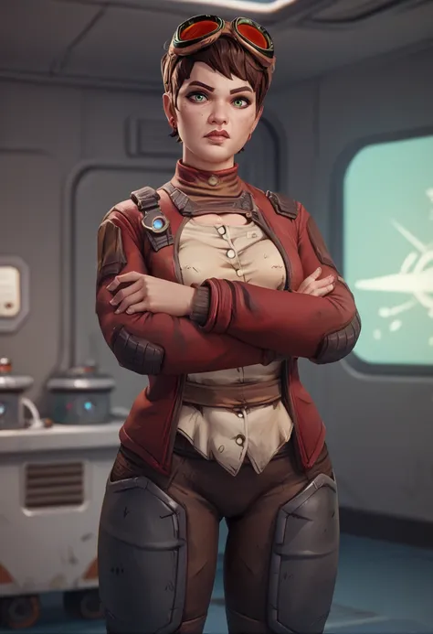 score_9,score_8_up,score_7_up,score_6_up,
tannisxl,short brown hair,green eyes,
goggles on head,red jacket,tan shirt,earrings,
hips,crossed arms,
solo,
spaceship,medical room,rusty,<lora:tannisXL:0.8>,