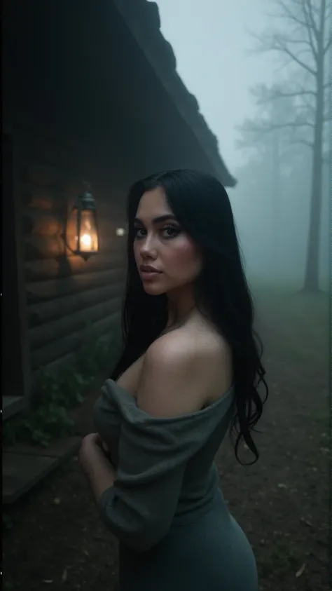 In this cinematic close-up, Jailyne Ojeda stands near a weathered cabin, her figure enveloped by the eerie fog that swirls through the shadowy woods behind her. The camera is positioned at eye-level, capturing her expression of intensity as she locks eyes ...