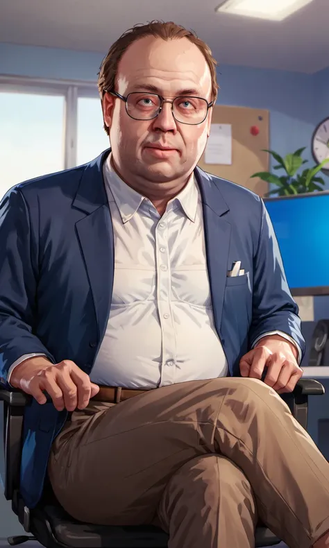 3d,cg,(detailed face:0.7),score_9, score_8_up, score_7_up,1boy,solo old, old man,lestergtav,short stature,fat,white shirt,suit pants, sitting on office chair,crossed legs,indoor