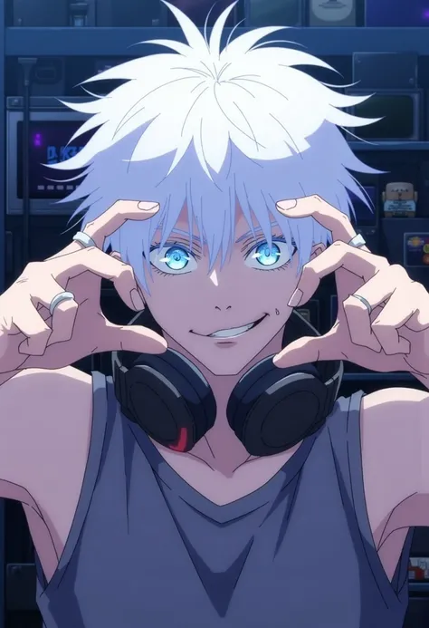 This is a digital illustration in an anime style, featuring a male character with an intense and focused expression. He has an androgynous appearance with pale skin and striking, strikingly bright blue eyes that stand out vividly against his white hair, wh...
