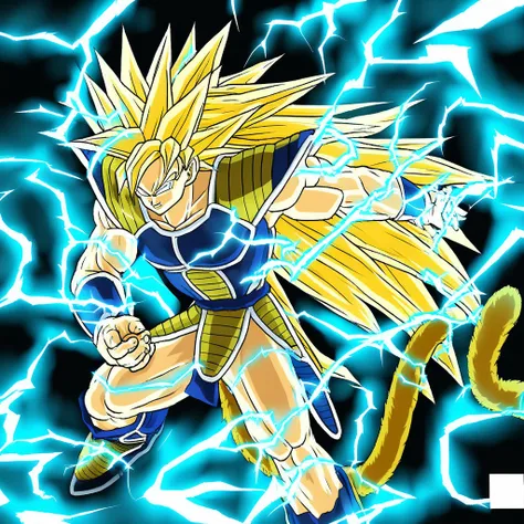 bt3style, solo, 1boy, male focus, saiyan armor, super saiyan 2, electricity, tail, very long hair