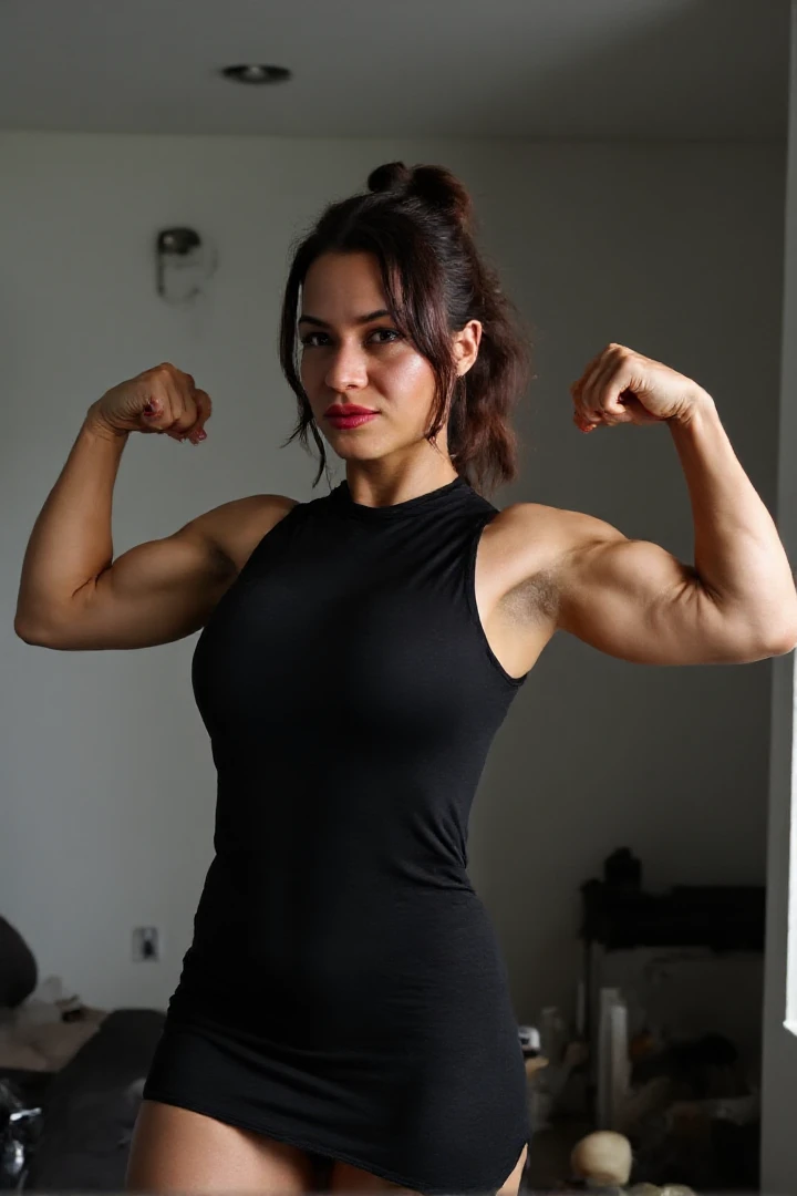 A Highres 4K DSLR photo of a roxyflex woman wearing a black sleeveless dress flexing her biceps. IMG_1025.CR2