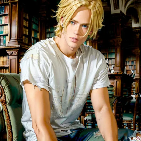 (best quality, high quality, masterpiece:1.3),, <lora:Ash:1>, Ash, in a large library,  wearing a white t-shirt, ripped jeans and red high tops,. blond hair, green eyes  <lora:muscle_slider_v1:-1>