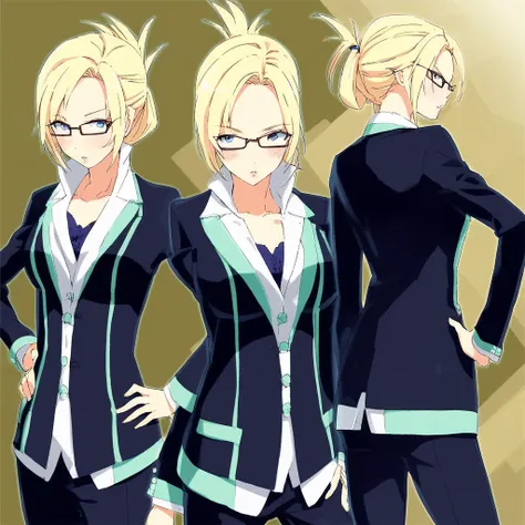 blush, looking at viewer, folded ponytail, solo, hand on hip, blonde hair, formal, parted lips, jacket, glasses