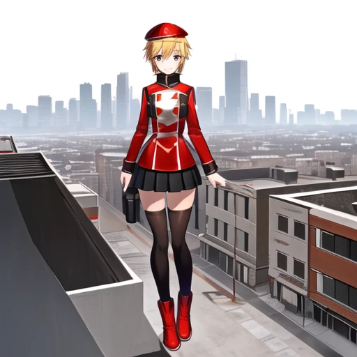 1girl, black tight highs, skirt, short blonde hair, red footwear, solo, hat, full body, on top of the building, city