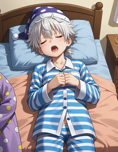 (masterpiece), best quality, expressive eyes, perfect face, meitenkun, grey hair, white hair, spiked hair, short ponytail, messy hair, pajamas, striped pajamas, night cap, standing, sleeping, closed eyes, open mouth, saliva, <lora:3ff502de-c553-4178-9a8e-f...