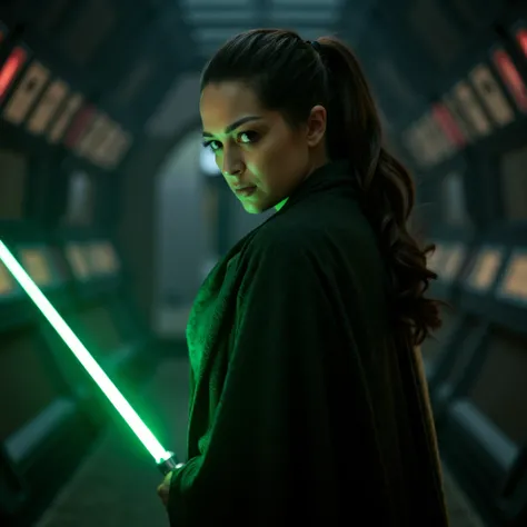 a cinematic shot of a woman tessaf0wler with long dark brown hair pulled back in a tight ponytail, wearing a jedi robe, wielding a green lightsaber, in the hall of a star wars spaceship with moody lighting. She is looking at the camera with a pensive expre...