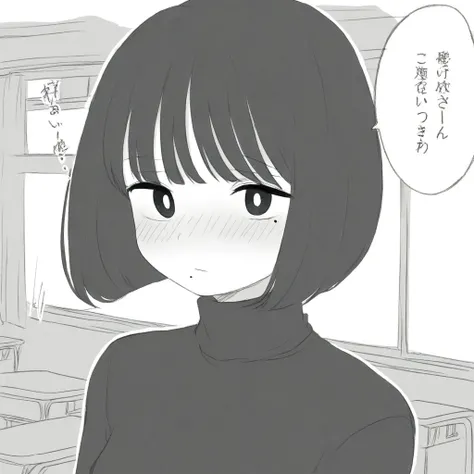 speech bubble, bob cut, blush, portrait, monochrome, 1girl, turtleneck, shirt, white background, classroom, white pupils, mole, outline